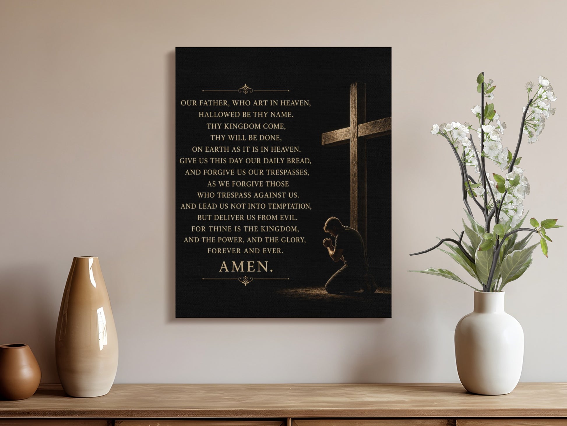 The Lord's Prayer printed on canvas with a silhouette of a praying figure and a cross.