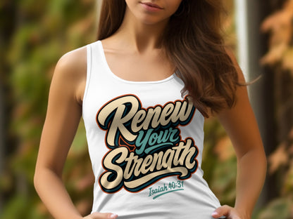 White tank top with "Renew Your Strength Isaiah 40:31" text.