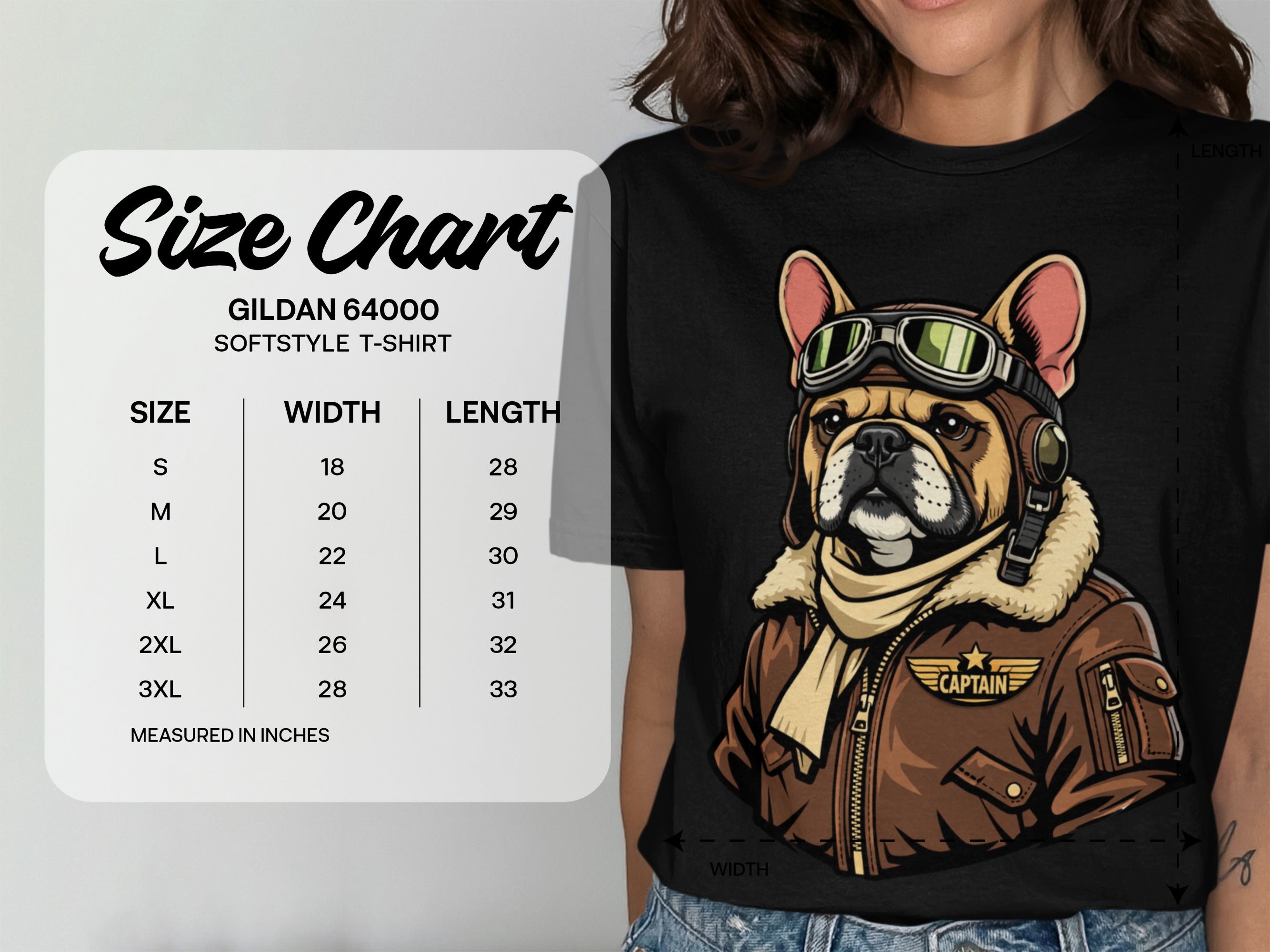 Gildan 64000 Softstyle t-shirt size chart with width and length measurements in inches.