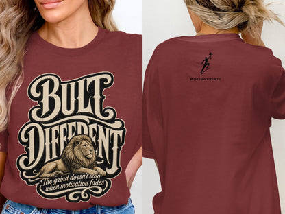 Maroon t-shirt with "BUILT DIFFERENT" text, lion, and quote on front, black graphic on back.