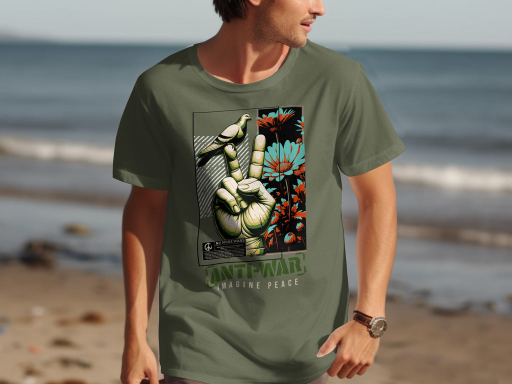T-shirt with peace sign, dove, flowers, and "Anti-War Imagine Peace" text.