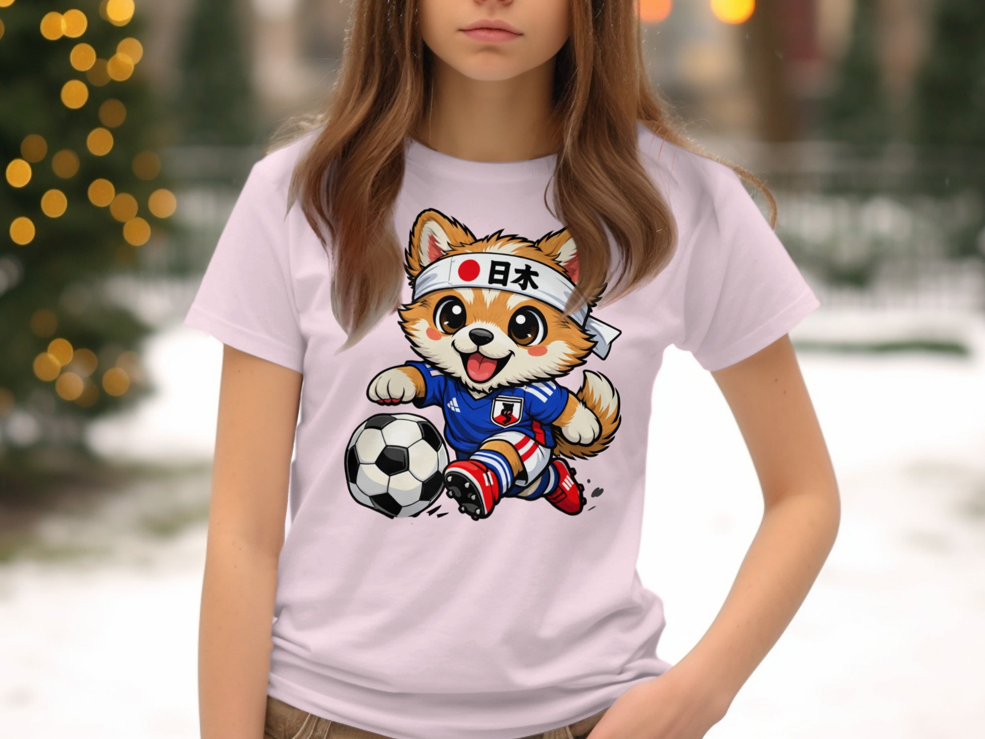 Cartoon dog in Japan soccer uniform playing with a ball, text "日本".