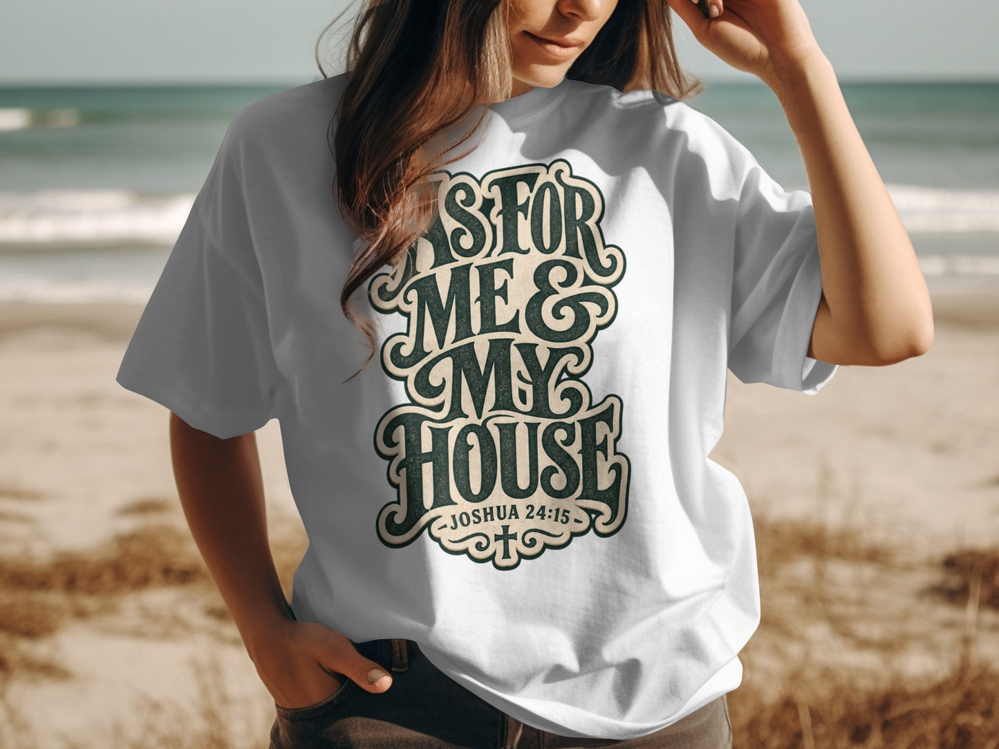 White t-shirt with "As for me & my house" and Joshua 24:15 text.