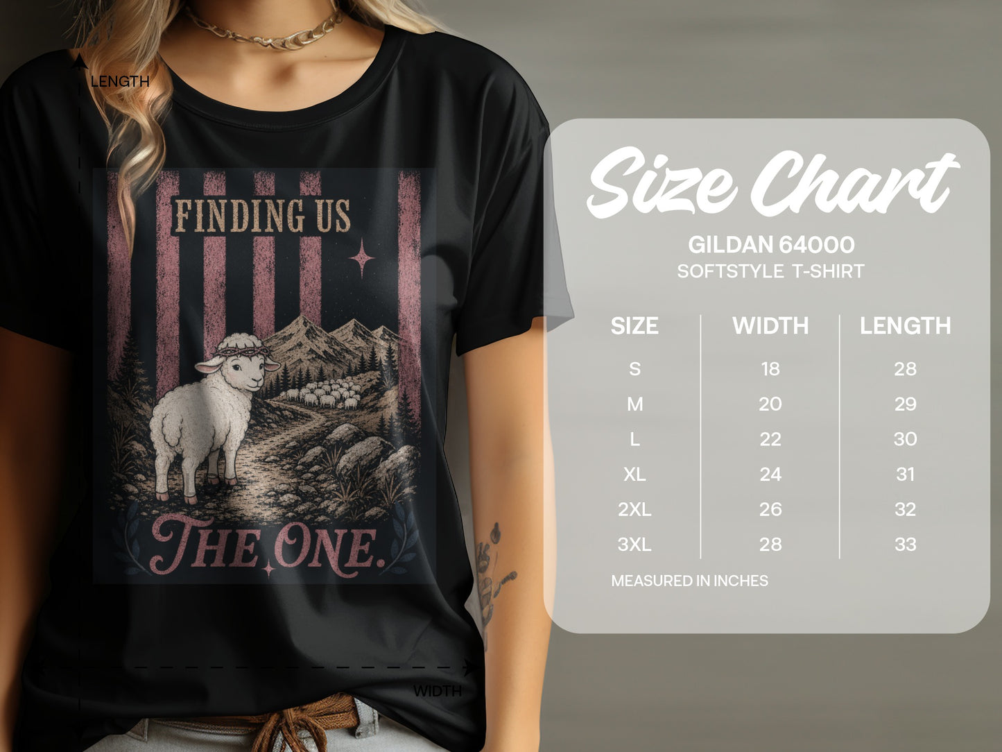 Black t-shirt with "Finding Us The One" graphic and Gildan 64000 softstyle t-shirt size chart.