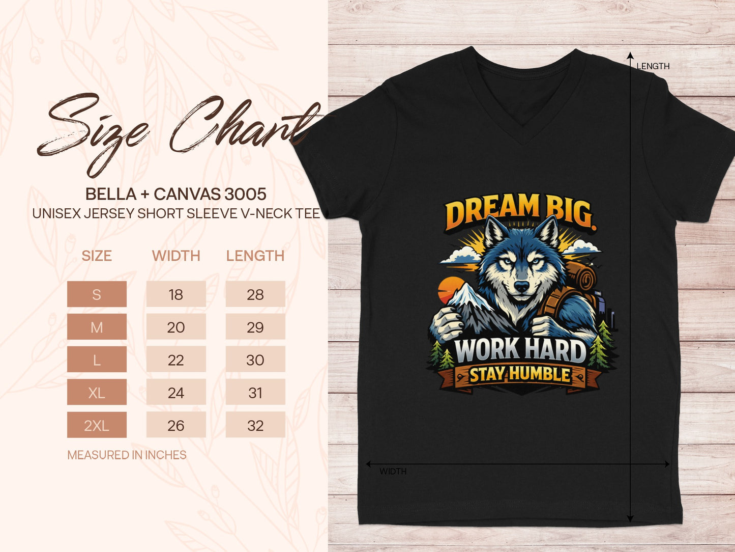 Black v-neck tee with wolf artwork and "Dream Big Work Hard Stay Humble" text, includes size chart.