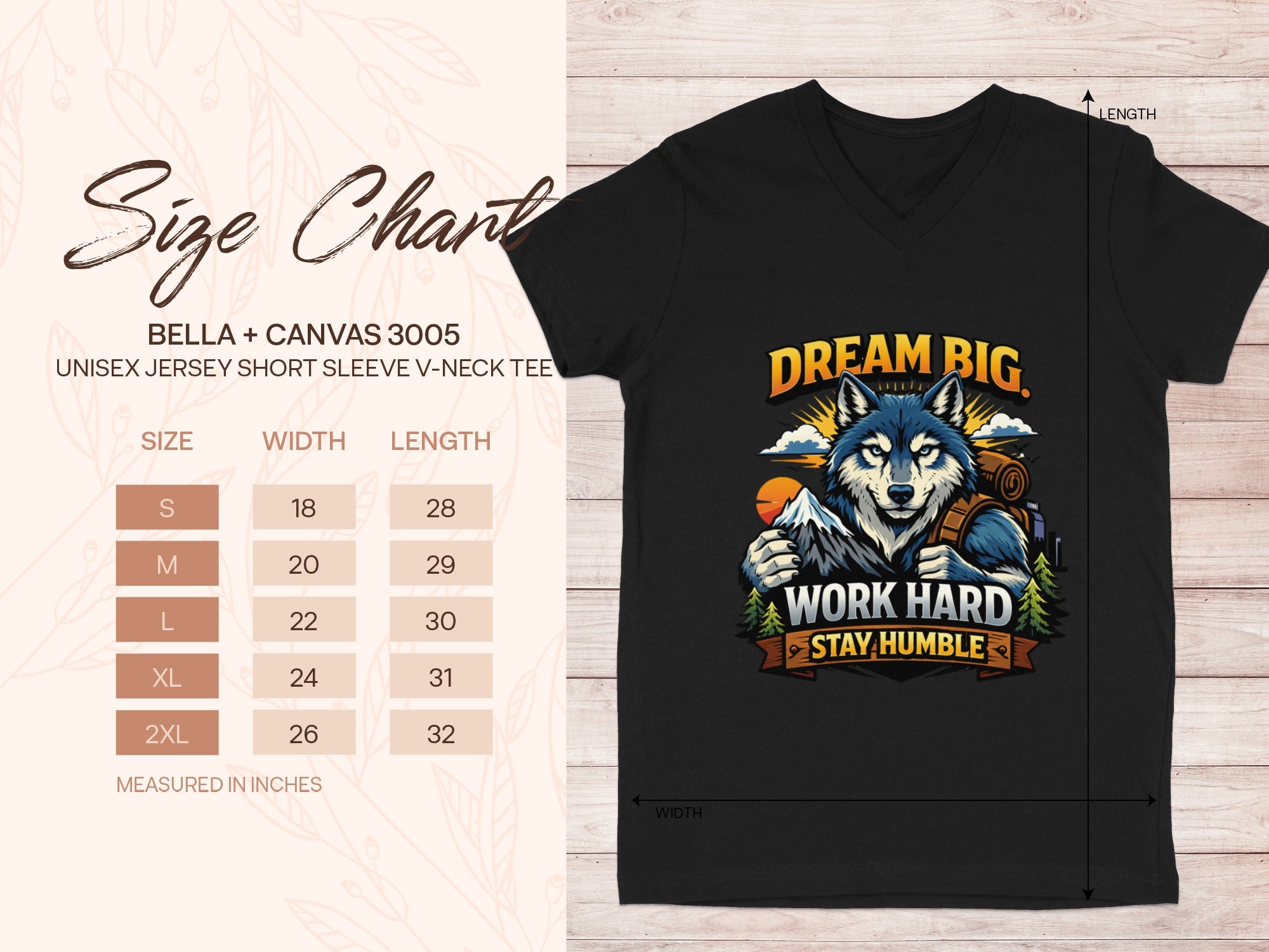 Black v-neck tee with wolf artwork and "Dream Big Work Hard Stay Humble" text, includes size chart.