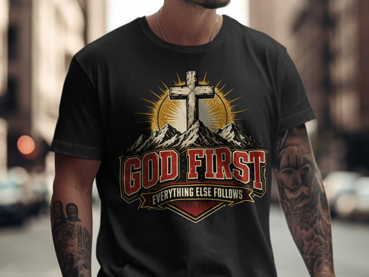 Black t-shirt with "God First, Everything Else Follows" text and a cross.