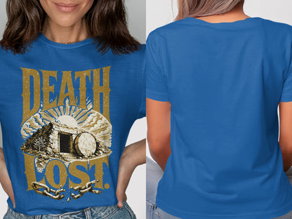 Blue t-shirt with "Death Lost" text and an image of an open tomb and broken chain.