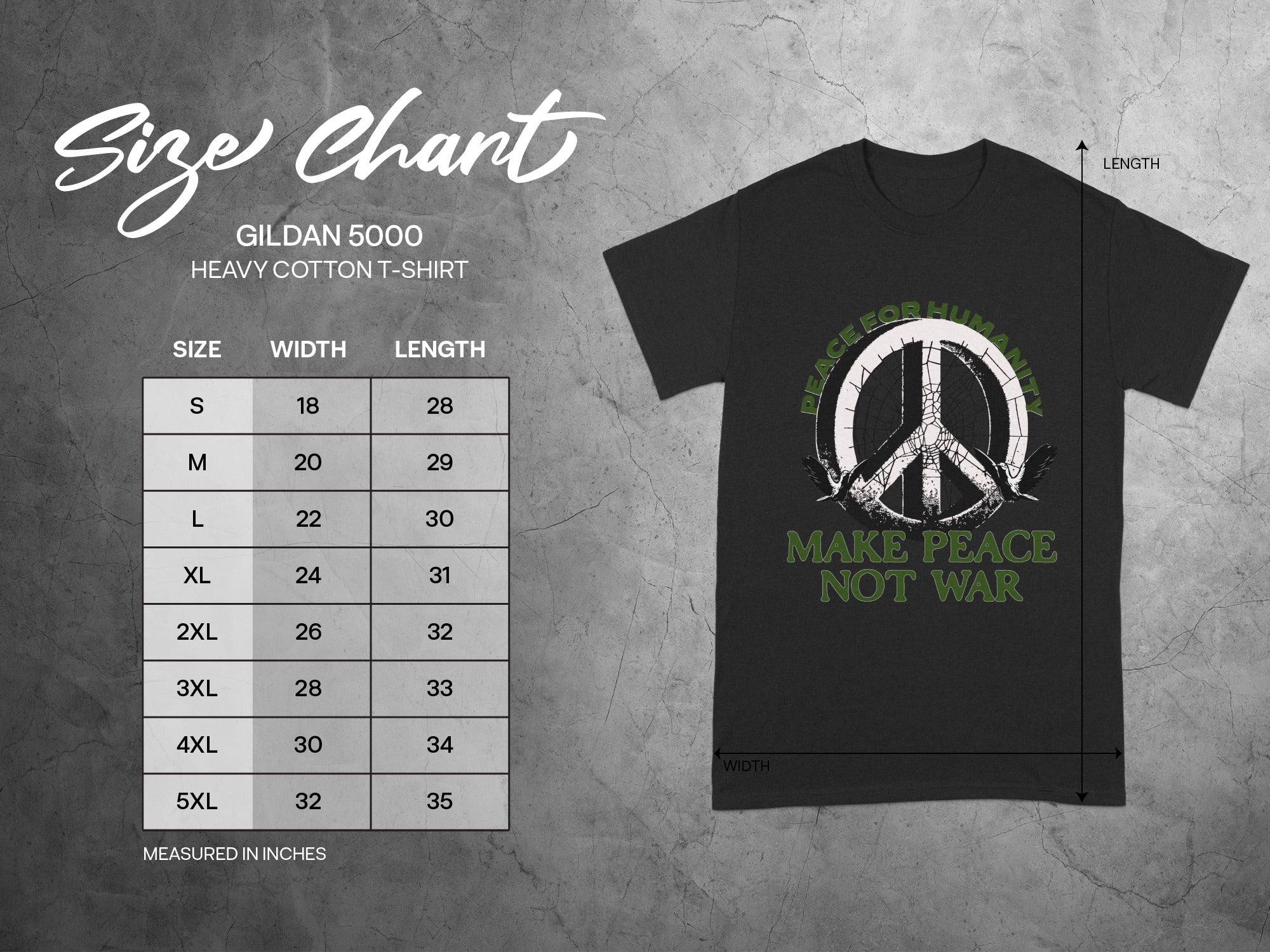 Size chart for Gildan 5000 Heavy Cotton T-Shirt, with width and length measurements in inches.