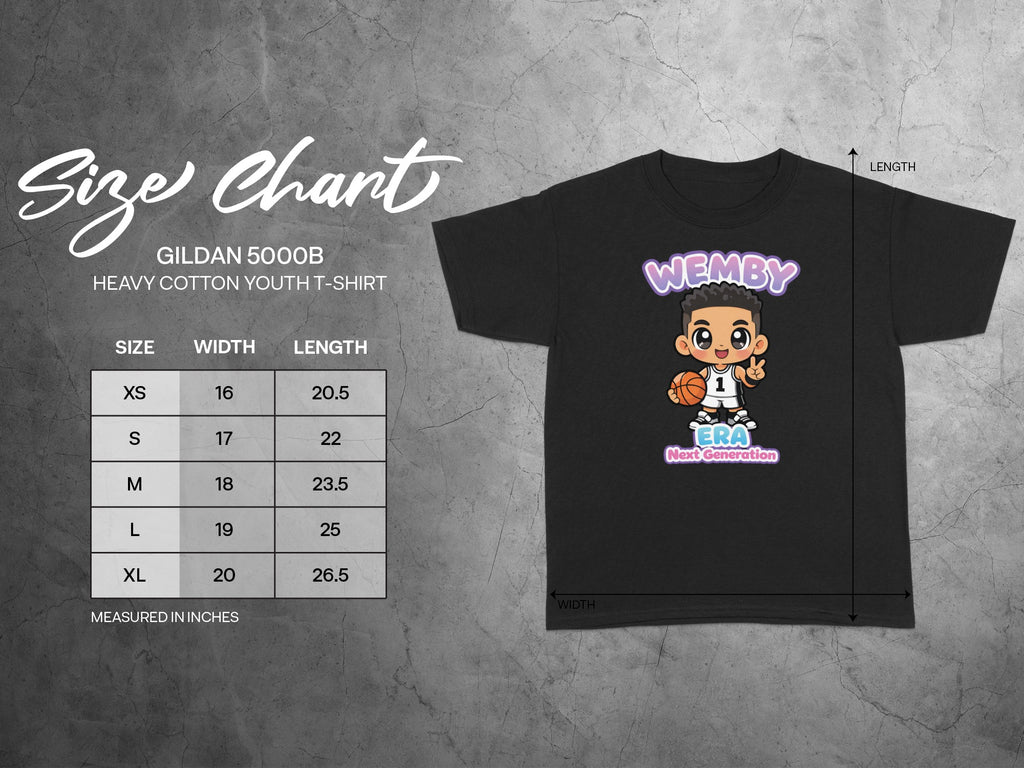 Gildan 5000B youth t-shirt size chart with width and length measurements in inches.