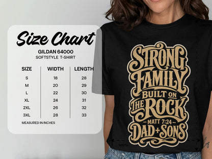 Size chart for Gildan 64000 Softstyle T-Shirt, featuring "Strong Family" graphic.