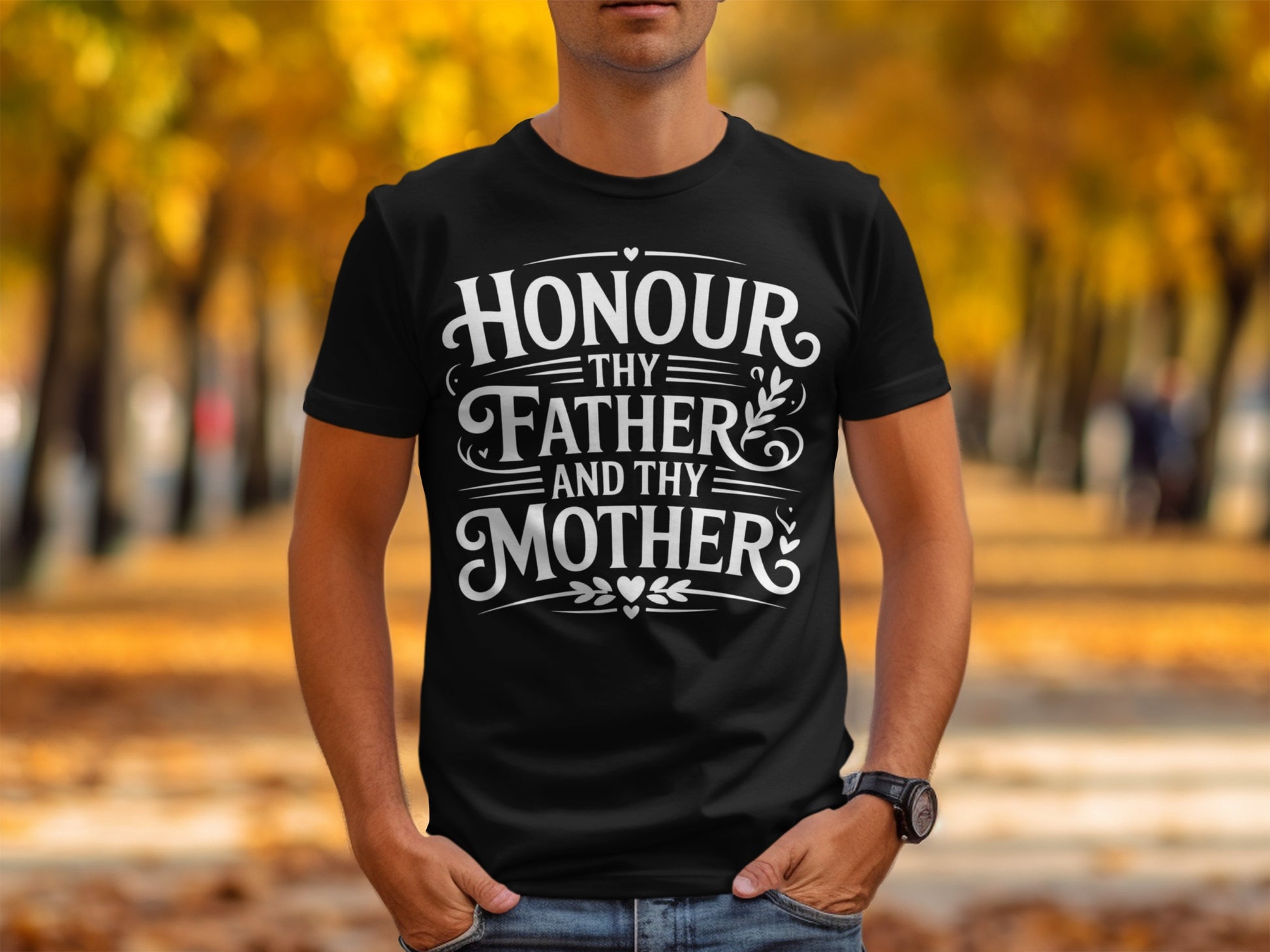 Black t-shirt with white text "Honour Thy Father And Thy Mother".