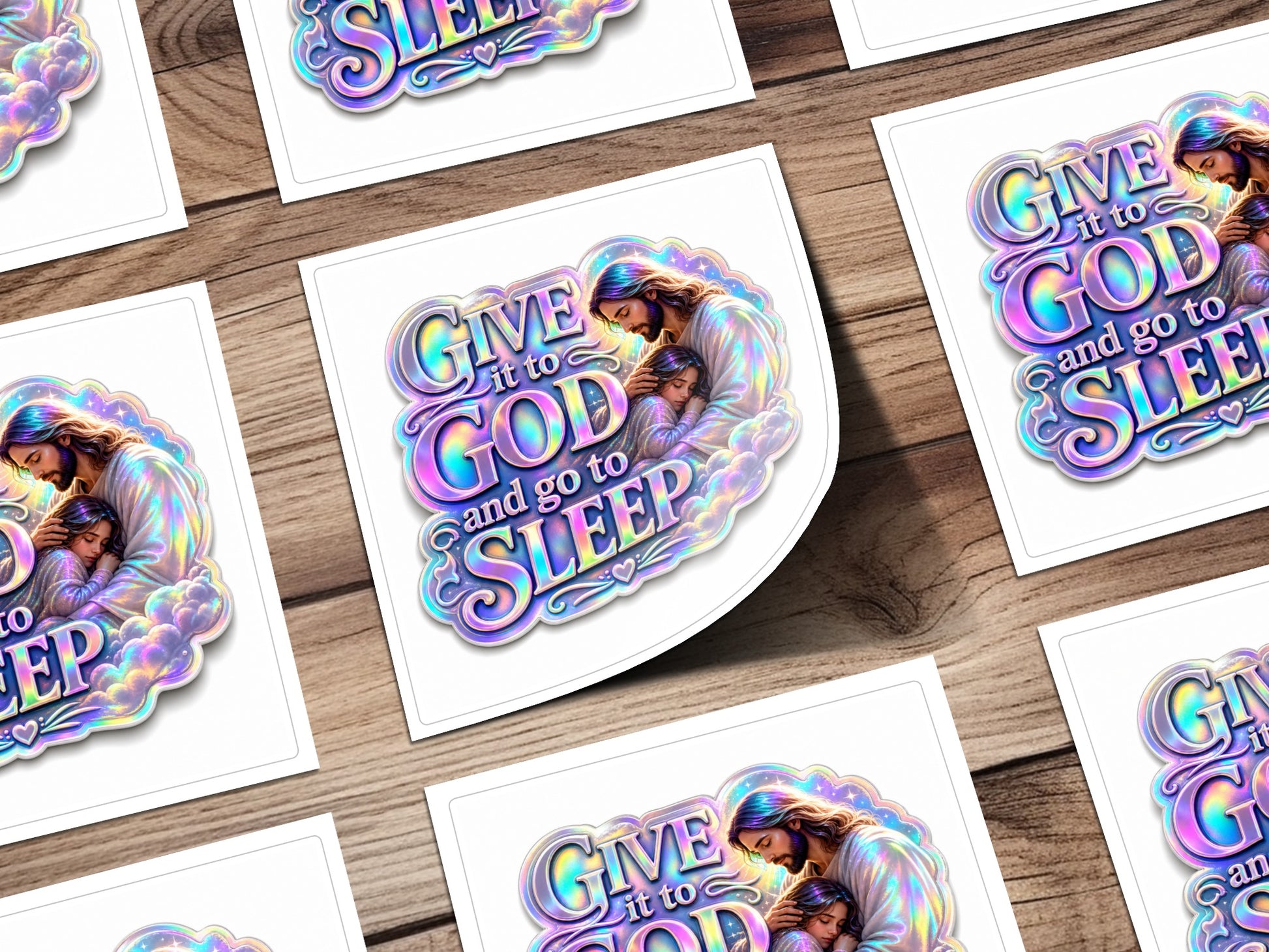 "Give it to God and go to sleep" decal with Jesus embracing a child.