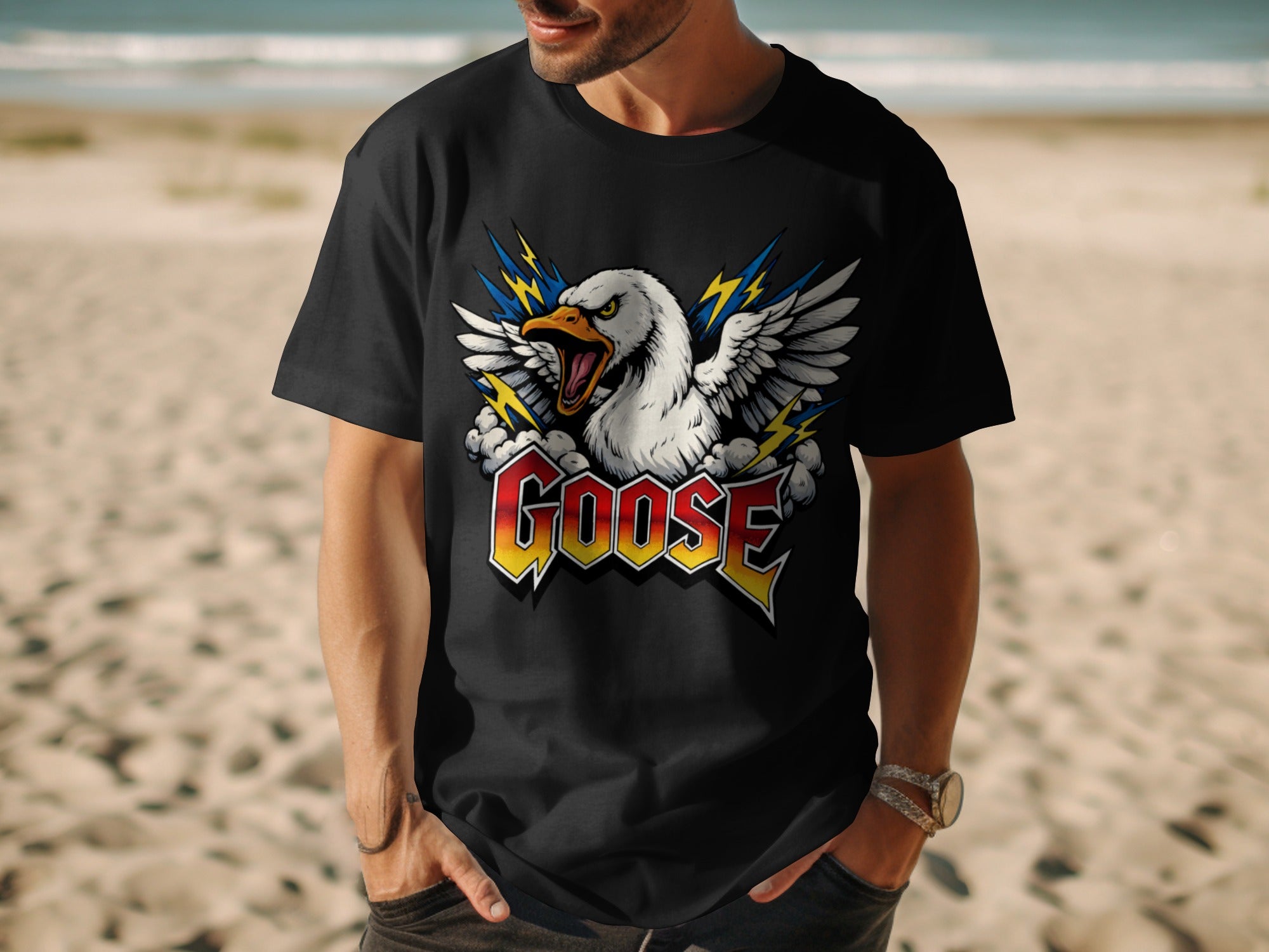 Black t-shirt with a goose graphic and the word "GOOSE" in bold lettering.