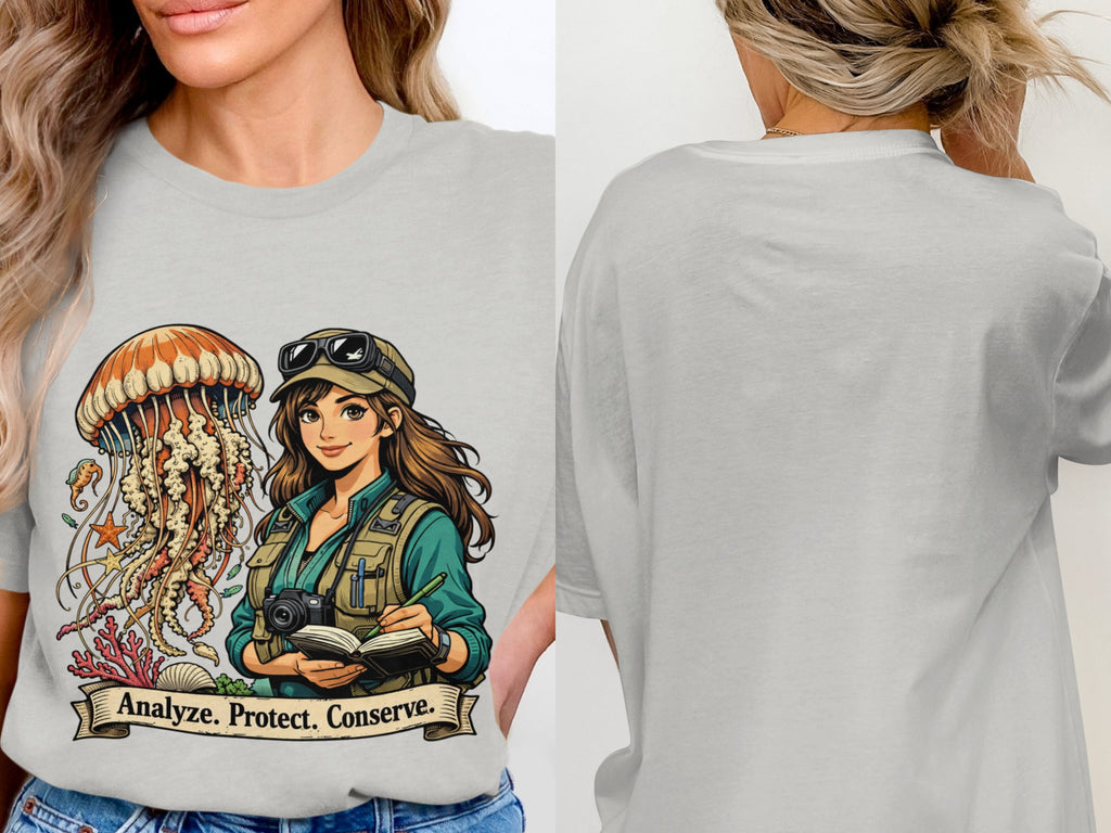 T-shirt graphic with jellyfish, scientist, camera, and text "Analyze. Protect. Conserve."