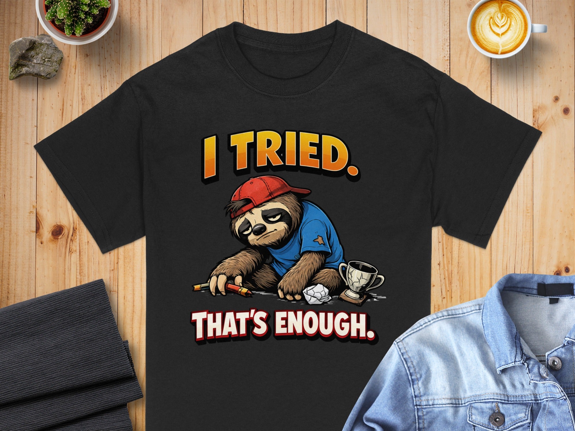 Black t-shirt with illustration of a tired sloth wearing a red hat and blue shirt, holding a pencil, with text "I TRIED. THAT'S ENOUGH."