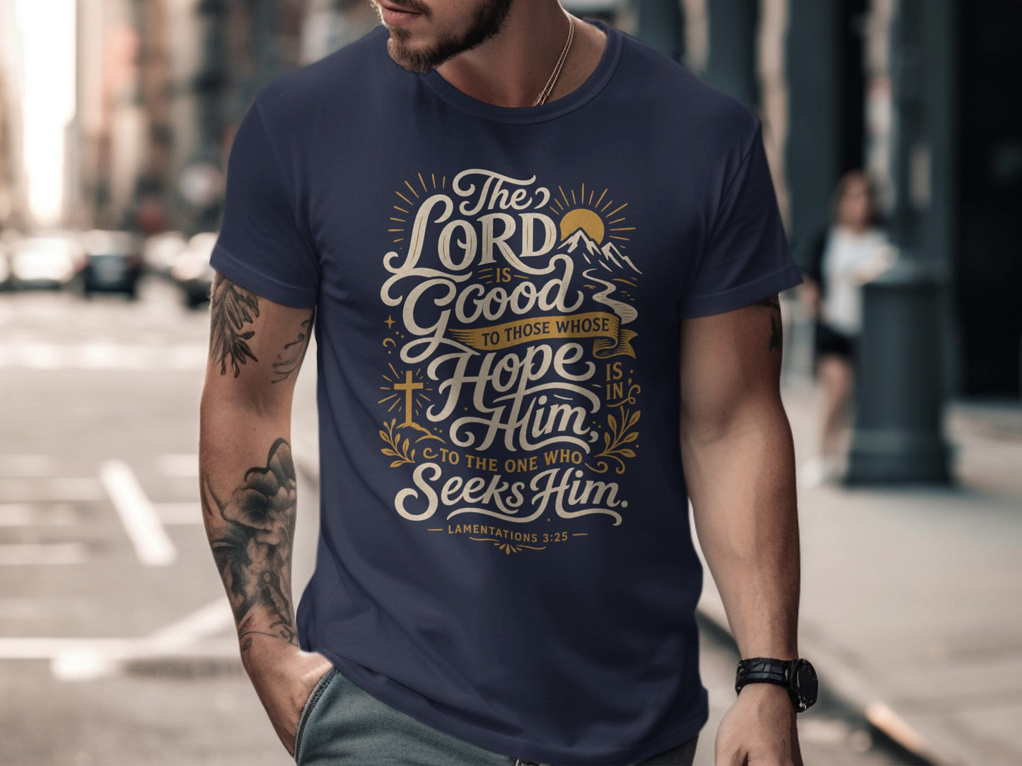Navy t-shirt with "The Lord is Good to Those Whose Hope is in Him" text.