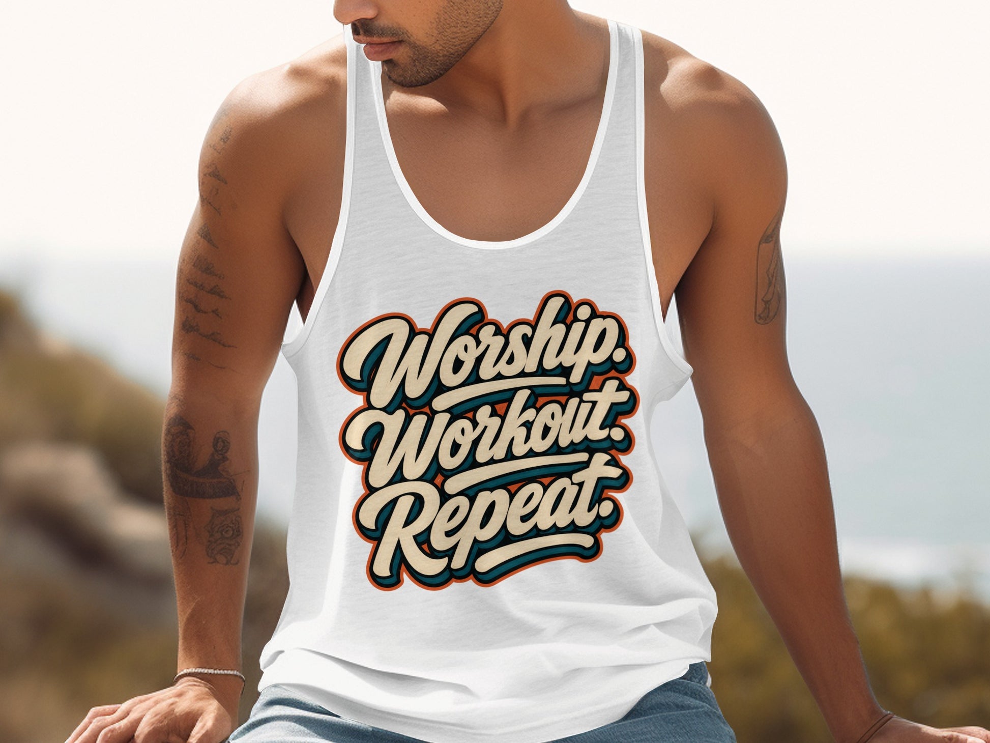 Man wearing a white tank top with graphic text: Worship Workout Repeat.