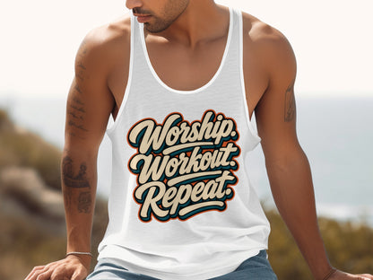 Man wearing a white tank top with graphic text: Worship Workout Repeat.