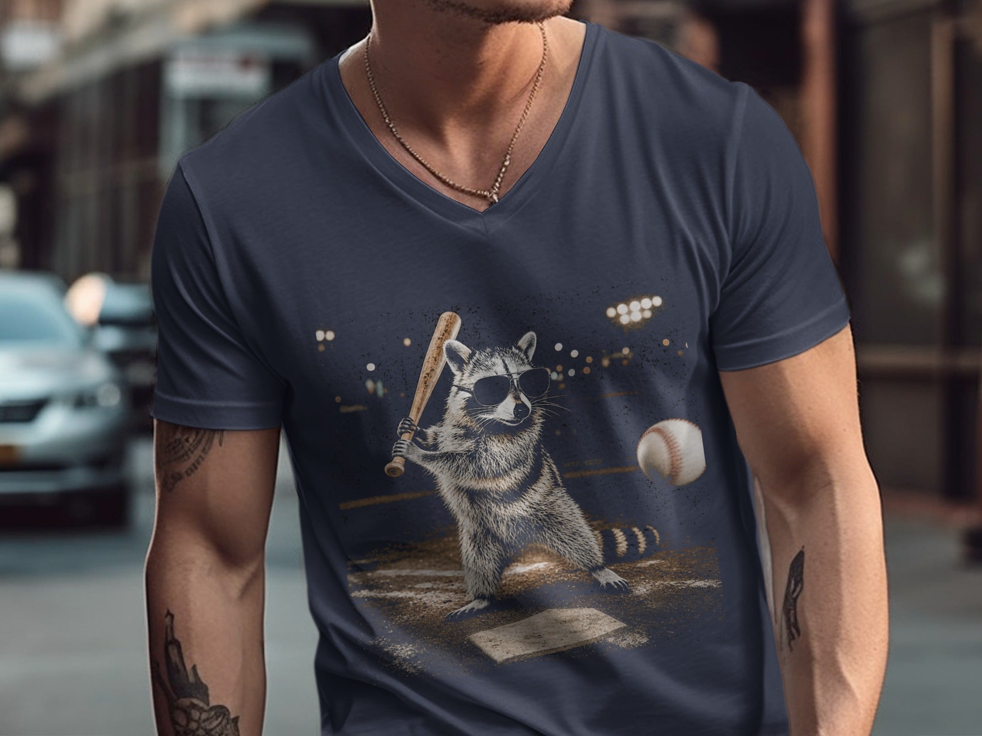 Raccoon wearing sunglasses, batting a baseball on a field under stadium lights.