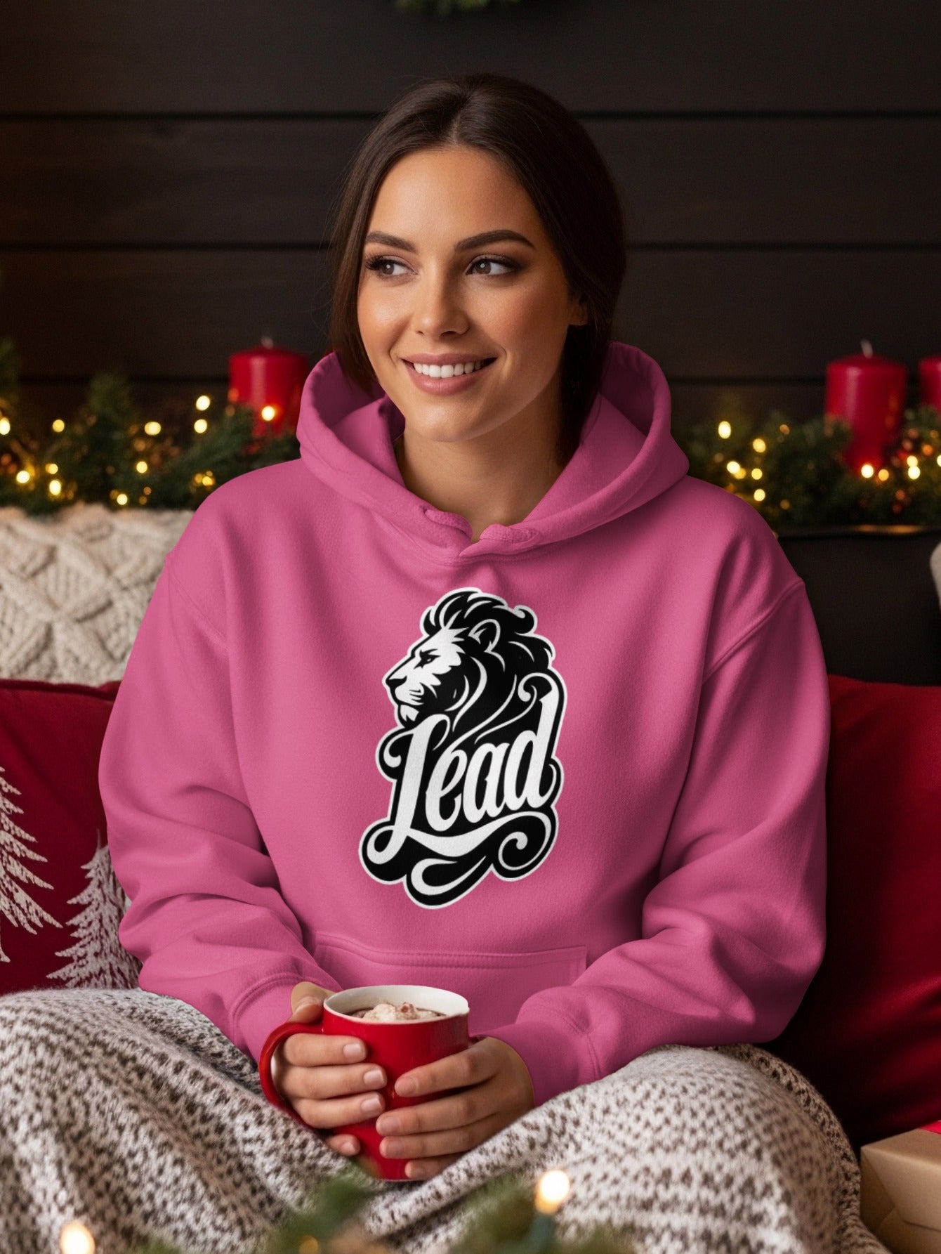 Pink hoodie with a lion head and "Lead" text graphic on the chest.