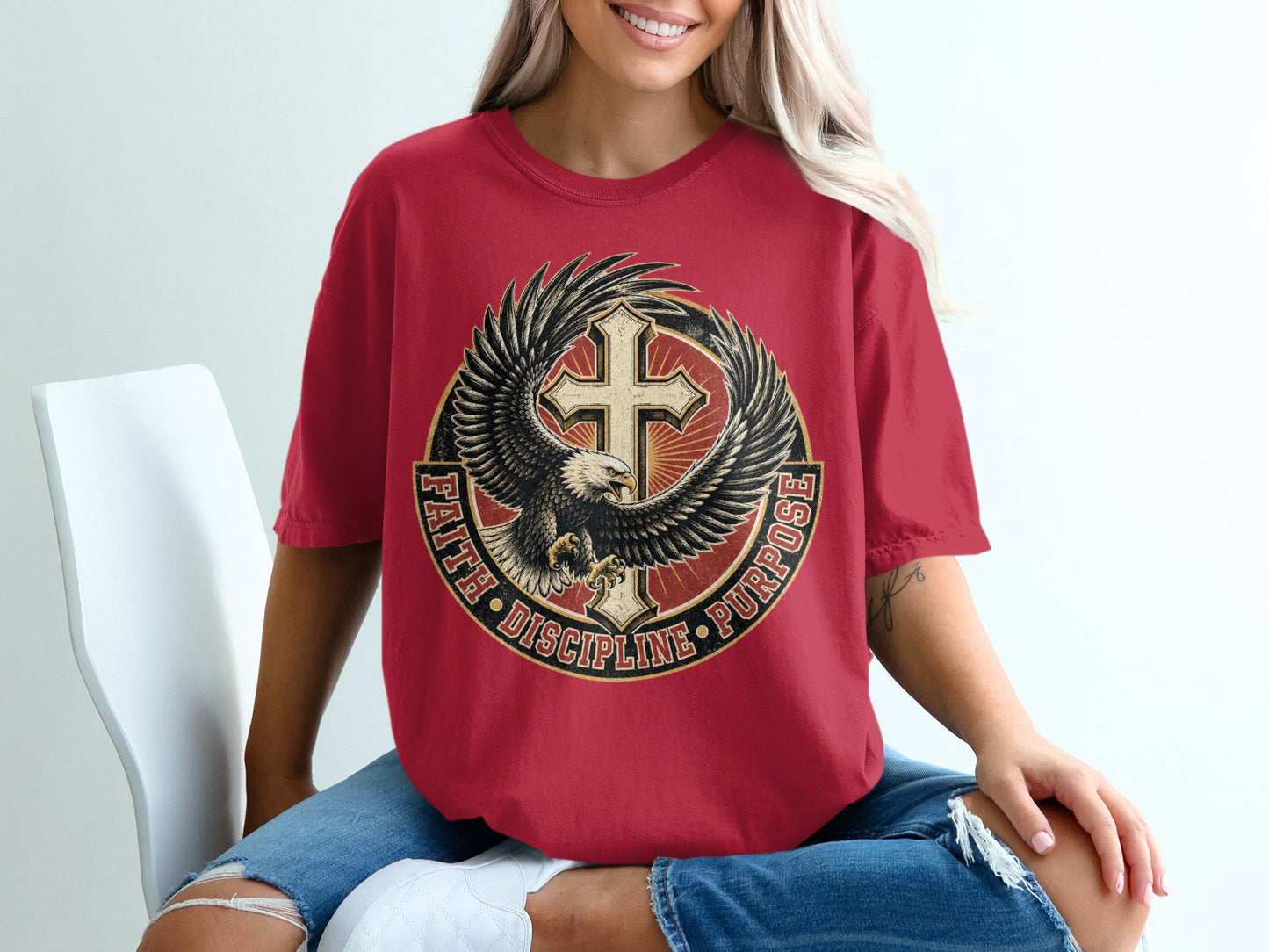 Red t-shirt with eagle, cross, and "Faith Discipline Purpose" text design.