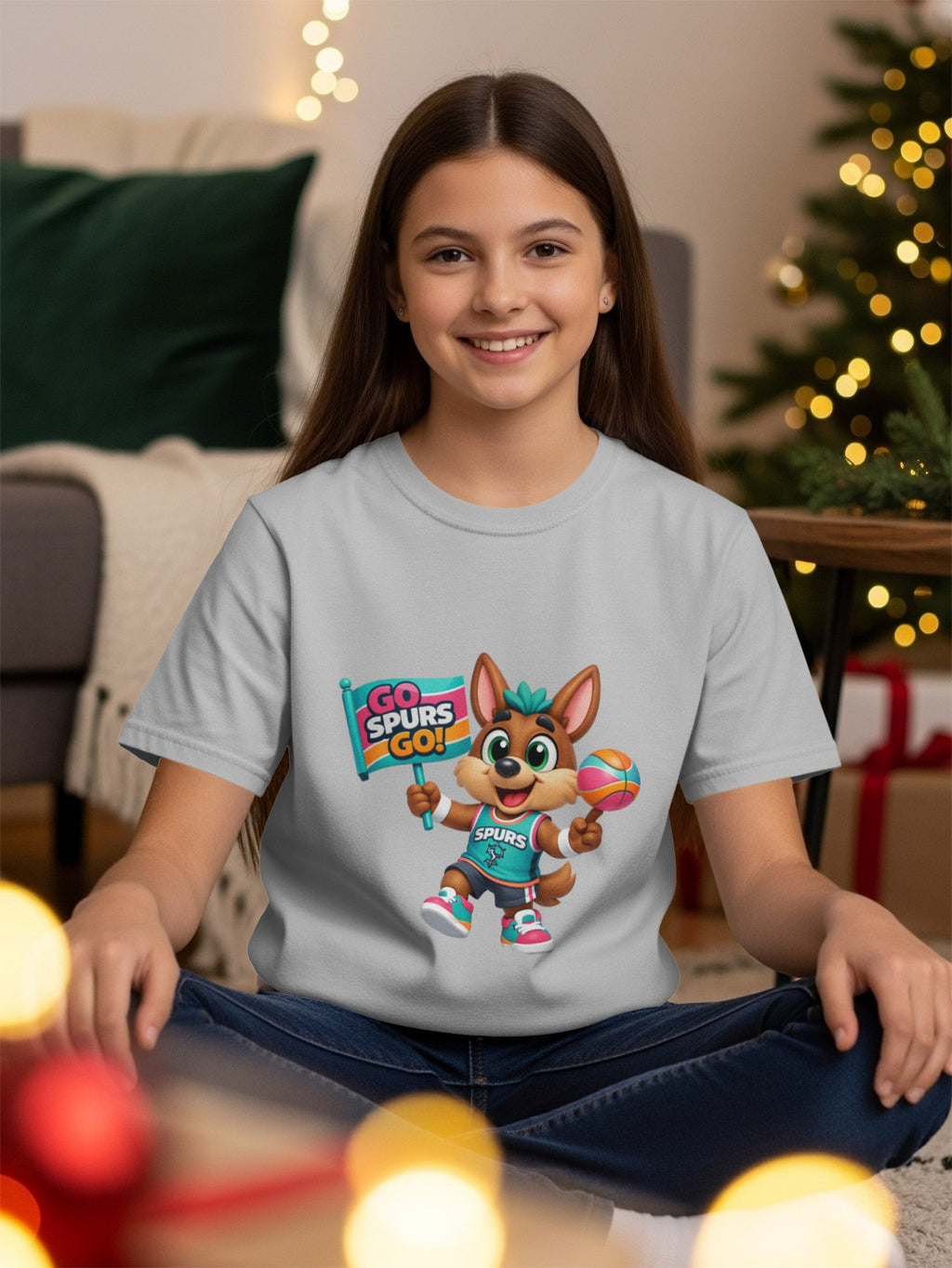 Cartoon dog with basketball and "Go Spurs Go!" sign on gray t-shirt.