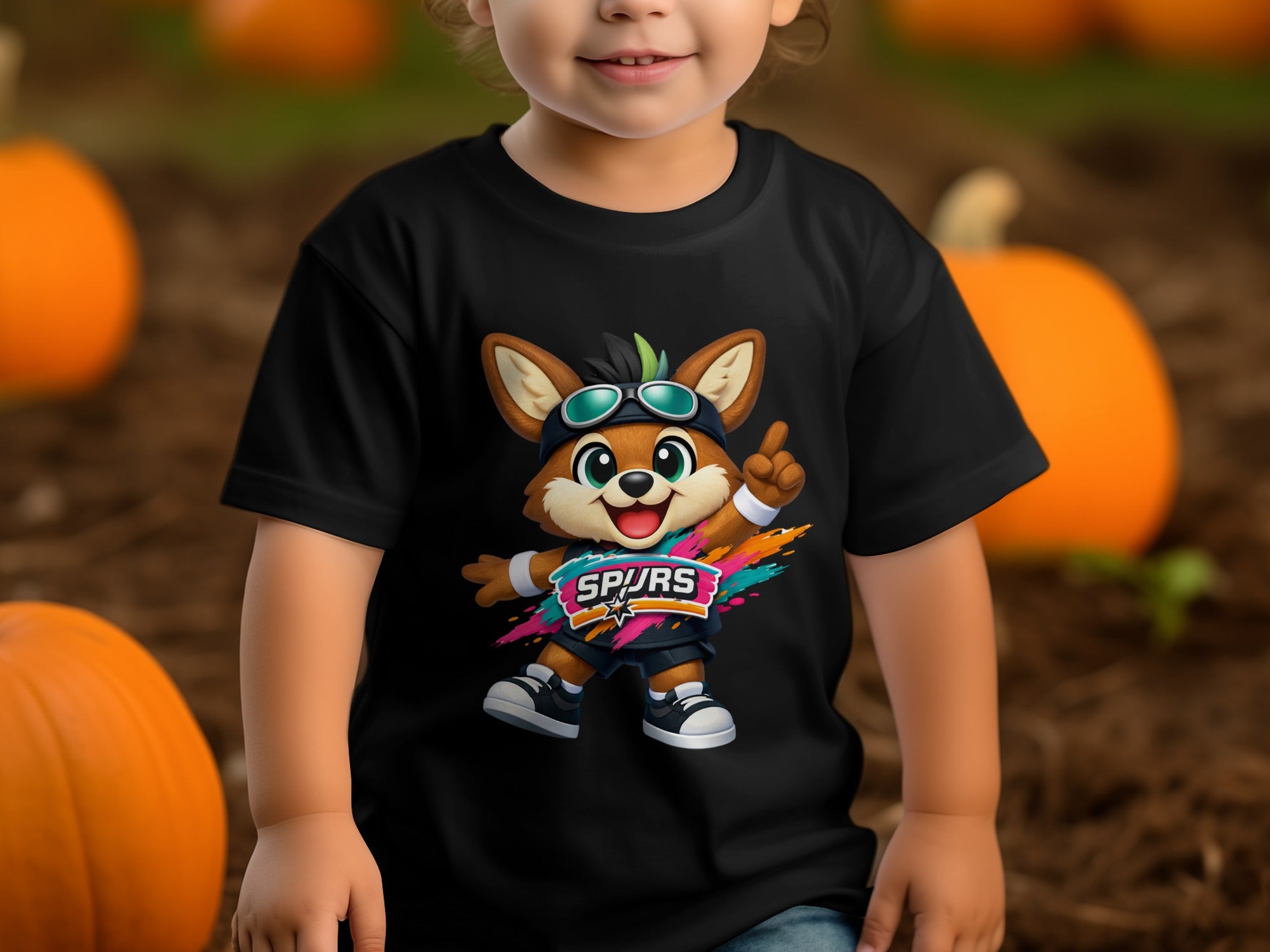 Black t-shirt on a child with a cartoon fox wearing goggles and a "Spurs" logo.