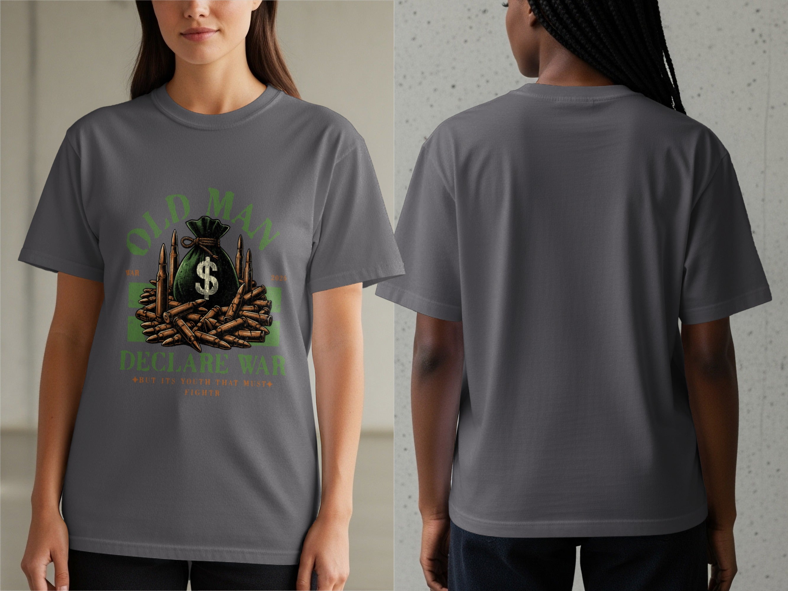 T-shirt with graphic of money bag and bullets, text reads "Old Man Declare War".