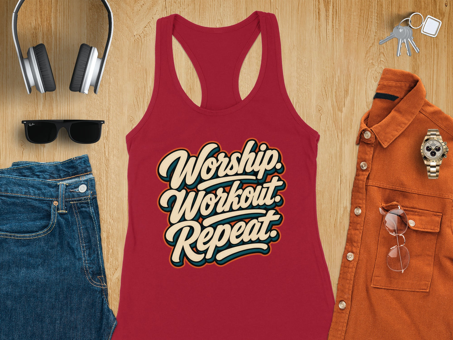Red tank top with "Worship. Workout. Repeat." text and flat lay accessories.