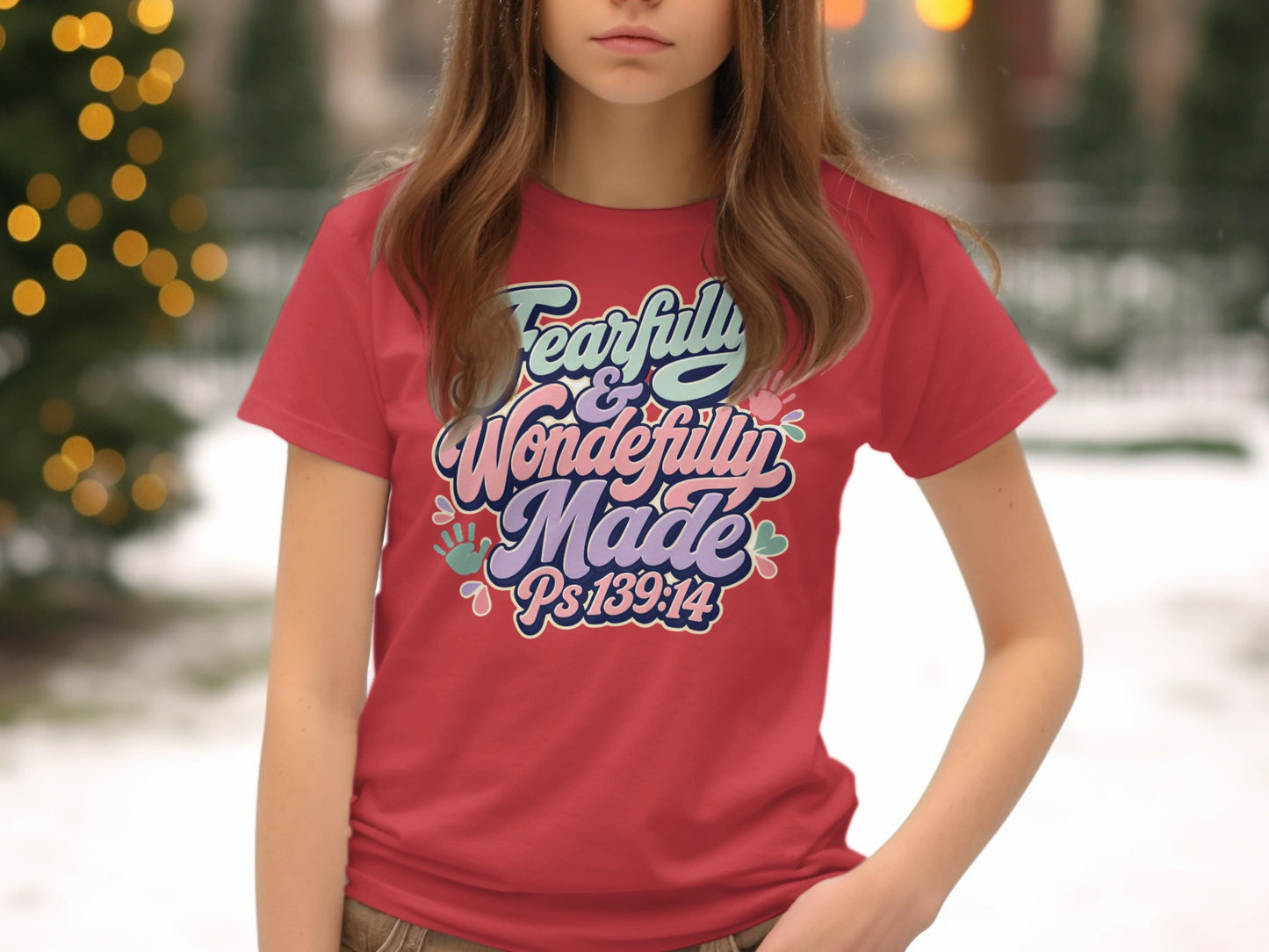 Red t-shirt with "Fearfully & Wonderfully Made Ps 139:14" graphic.