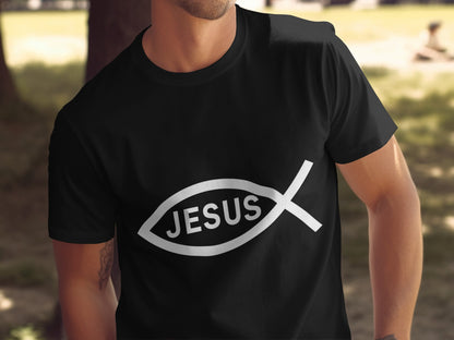 Black t-shirt with white fish symbol and "JESUS" text.