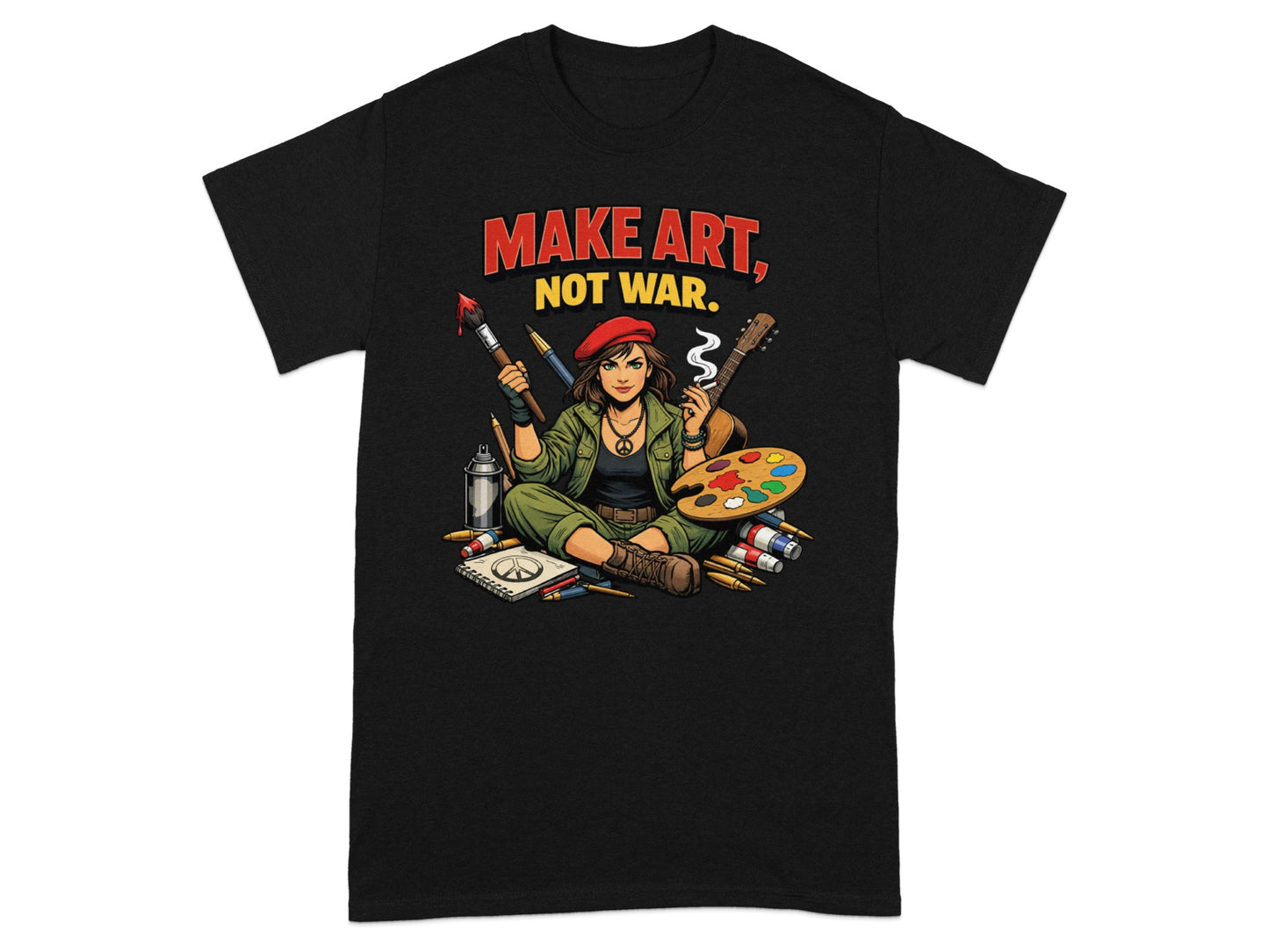 Black t-shirt graphic with text "MAKE ART, NOT WAR" and an artist with art supplies.
