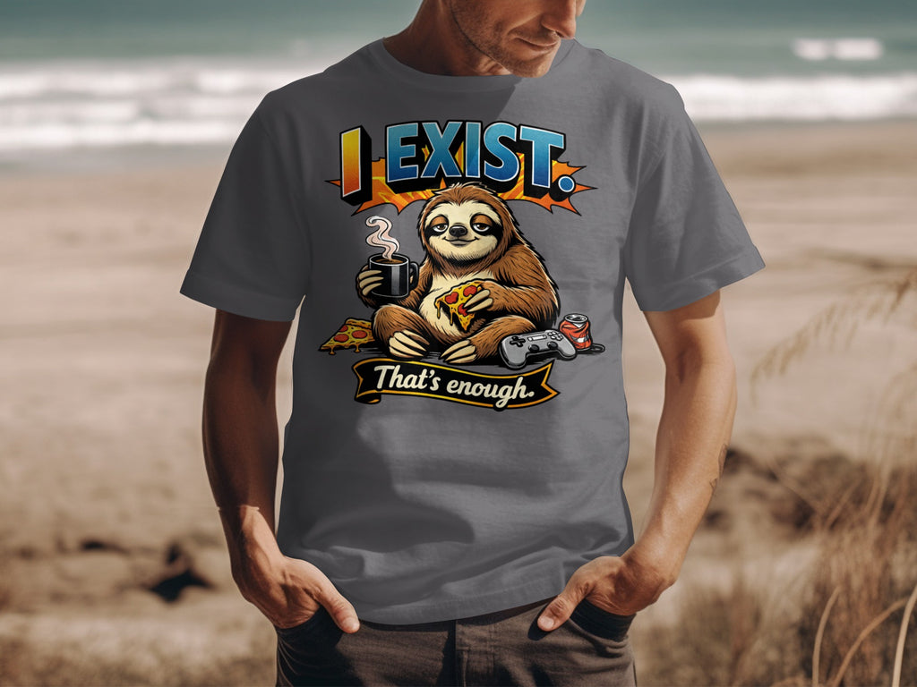 Gray t-shirt with sloth eating pizza, drinking coffee, and holding a game controller.