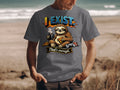 Gray t-shirt with sloth eating pizza, drinking coffee, and holding a game controller.