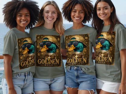 Four women wear olive t-shirts featuring a graphic of a duck wearing sunglasses, a hat, and a gold chain with a cross.