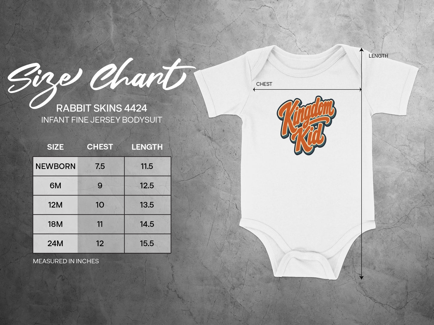 Size chart for Rabbit Skins 4424 infant bodysuit with chest and length measurements.
