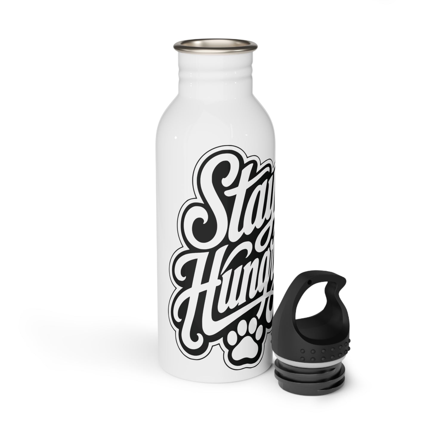 White water bottle with black lettering "Stay Hungry" and a paw print.