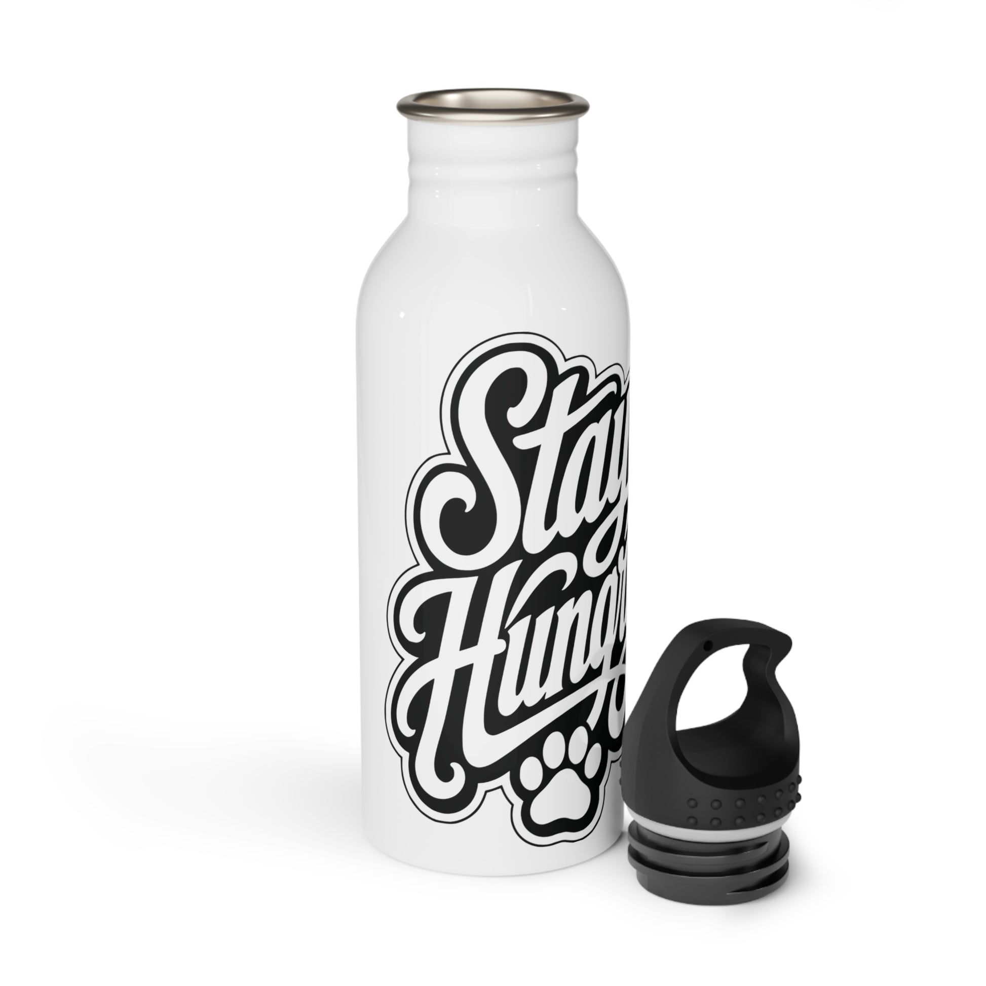 White water bottle with black lettering "Stay Hungry" and a paw print.