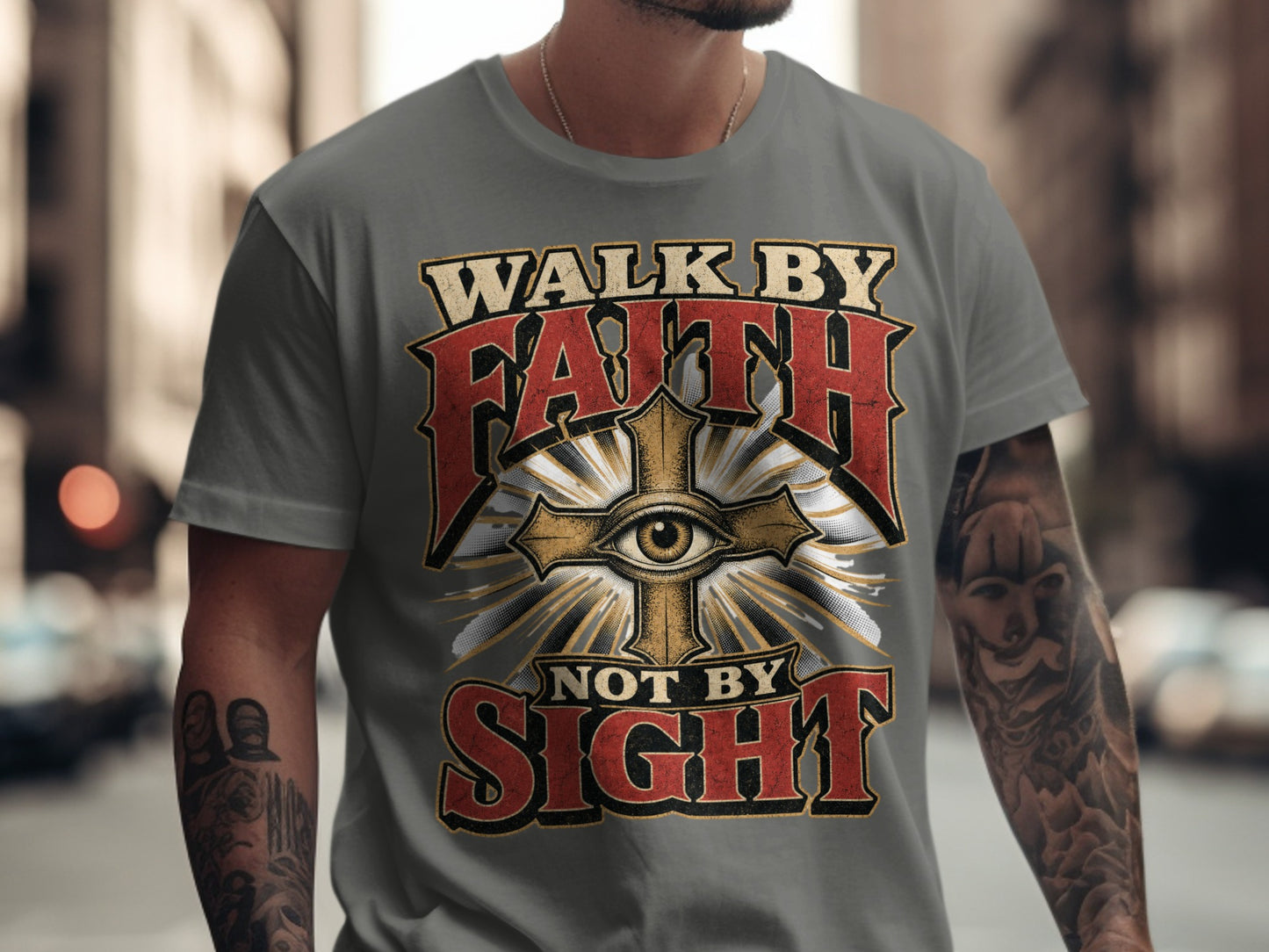 Grey t-shirt with "WALK BY FAITH NOT BY SIGHT" text and an all-seeing eye cross design.