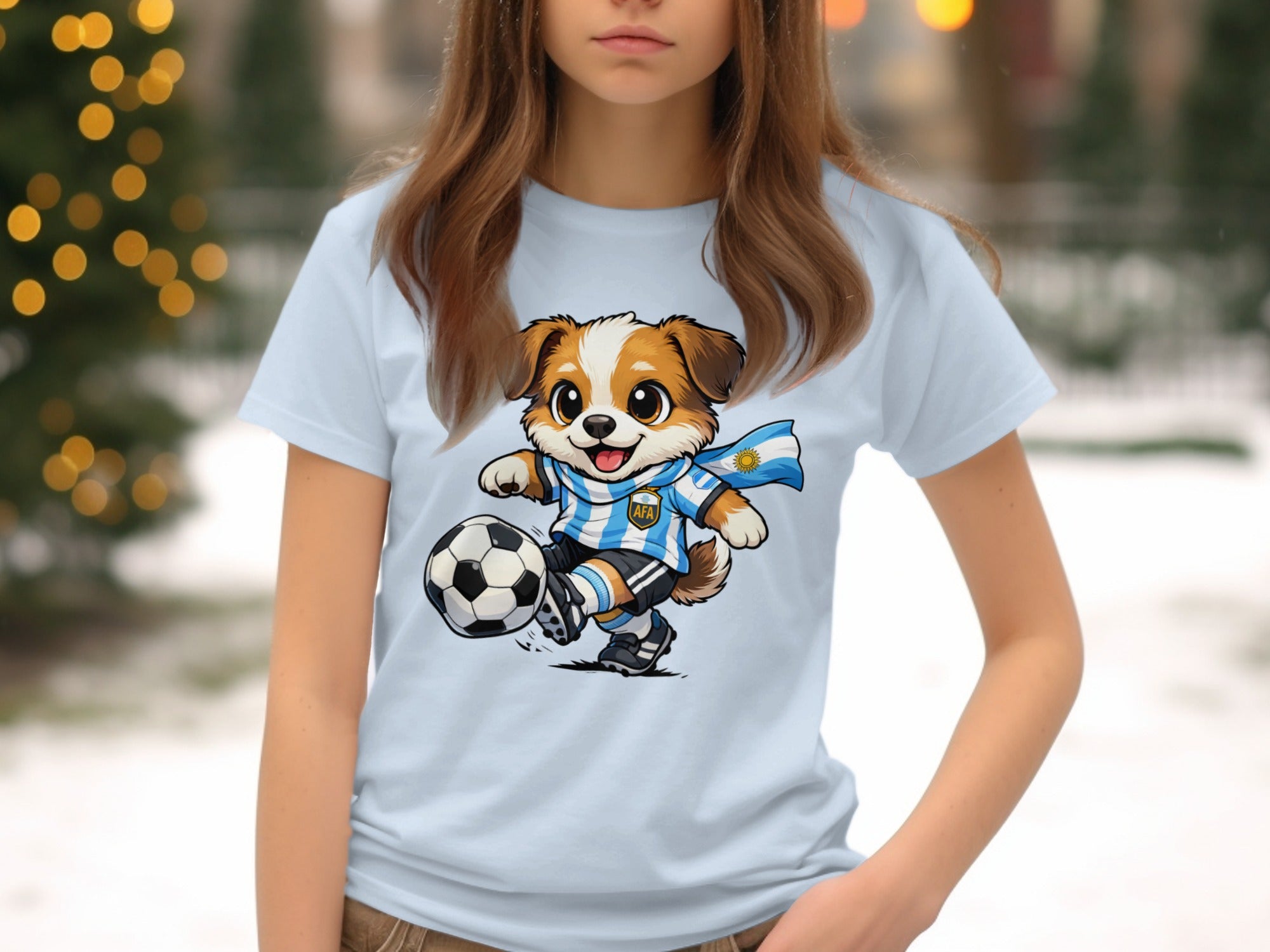 Cartoon dog in Argentina soccer uniform kicking a soccer ball
