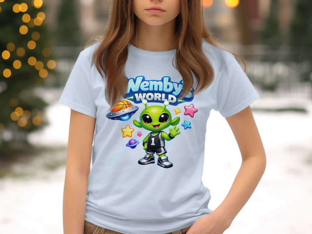 Nemby's World t-shirt with a cartoon alien in basketball gear.