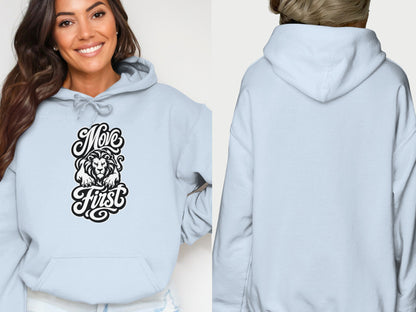 Light blue hoodie with a lion graphic and text "Move First" on the front.
