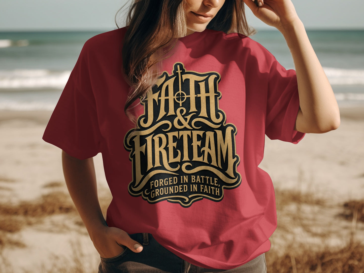 Red t-shirt with "FAITH & FIRETEAM FORGED IN BATTLE, GROUNDED IN FAITH" graphic.