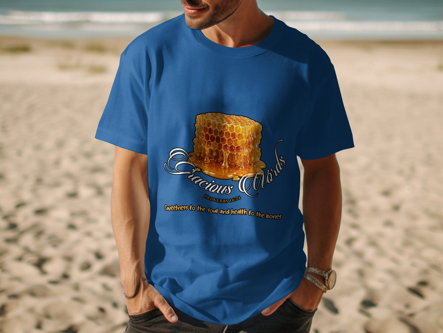 Blue t-shirt with honeycomb and text "Gracious Words" and "Sweetness to the soul and health to the bones".