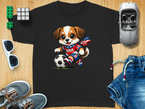 Black t-shirt with cartoon dog playing soccer in USA attire