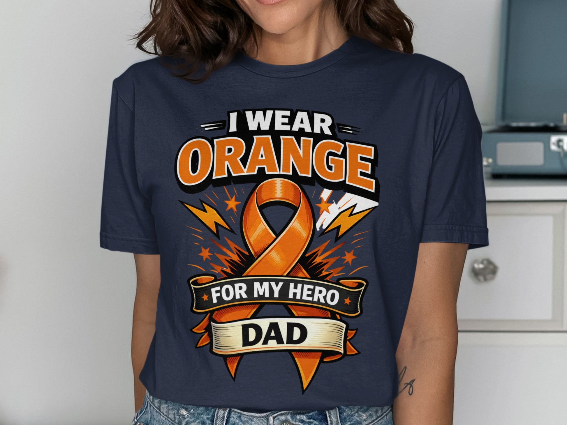 Navy t-shirt with graphic "I Wear Orange For My Hero Dad" and orange ribbon.