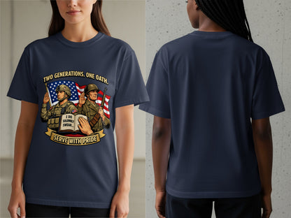 Dark blue t-shirt with graphic of two soldiers, American flag, and text: "TWO GENERATIONS. ONE OATH."
