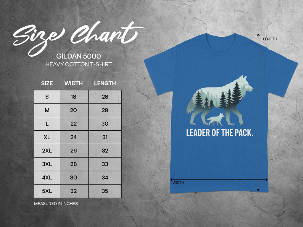 Gildan 5000 Heavy Cotton T-shirt size chart with wolf graphic and text "Leader of the Pack."