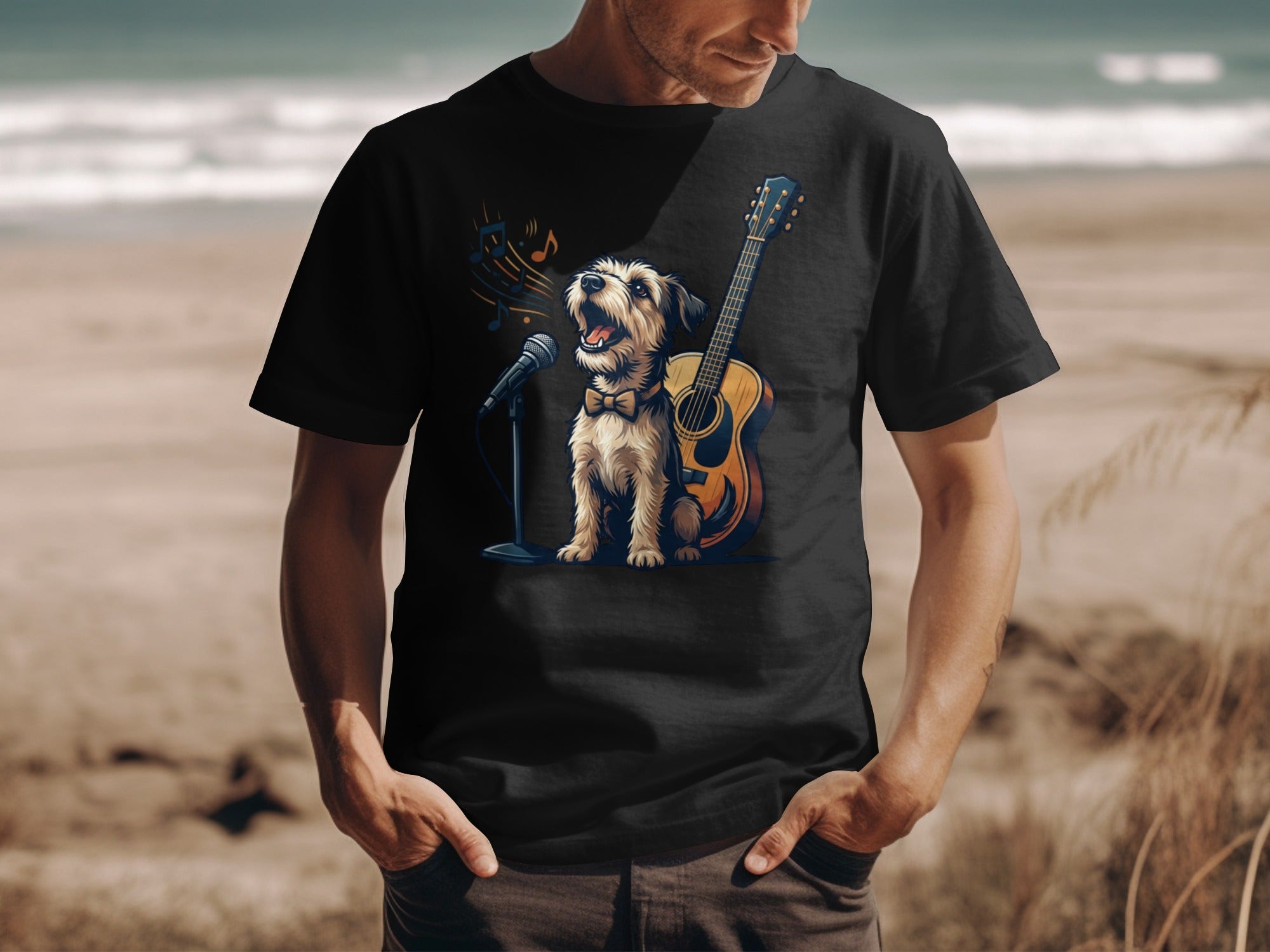 T-shirt graphic shows dog singing with guitar and microphone on beach.